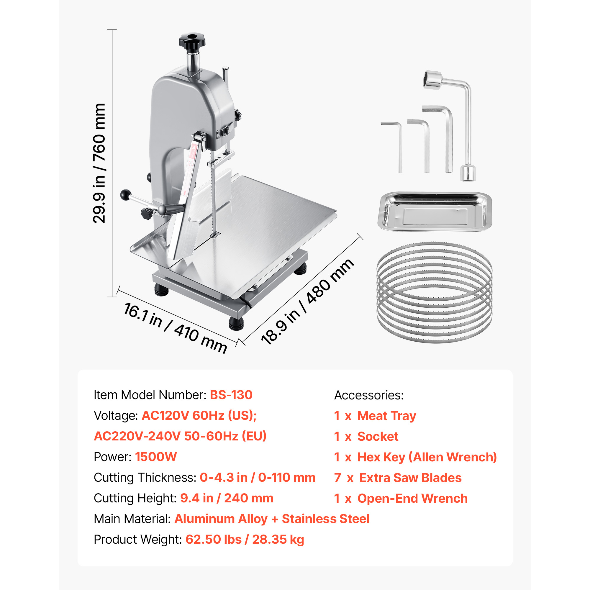 Uimoso Commercial Electric Meat Bandsaw 1100/1500W for Cutting Bones and Meat - Produktbild 6