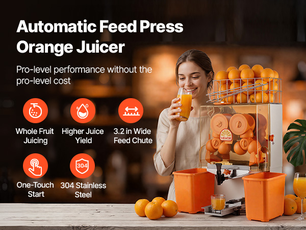 VEVOR Orangenpresse Zitruspresse Elektrisch 120W - Entsafter für die Gastronomie, produziert bis zu 20 Orangen pro Minute für frischen Saft in Rekordzeit