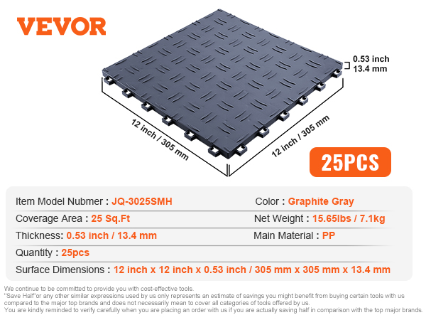 VEVOR-Garagenfliesen, Graphitgrau, 25 Stück, 12 x 12 Zoll, 25 Quadratfuß Abdeckung, 0,53 Zoll Dicke, PP-Material.