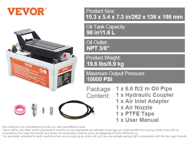 VEVOR luchthydraulische pomp met 1,6 l olietank, 10.000 psi uitgang, npt 3/8" uitlaat en accessoireset.