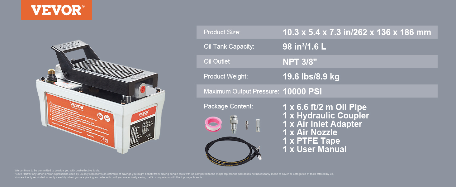 VEVOR luchthydraulische pomp met 1,6 l olietank, 10.000 psi uitgang, npt 3/8" uitlaat en accessoireset.