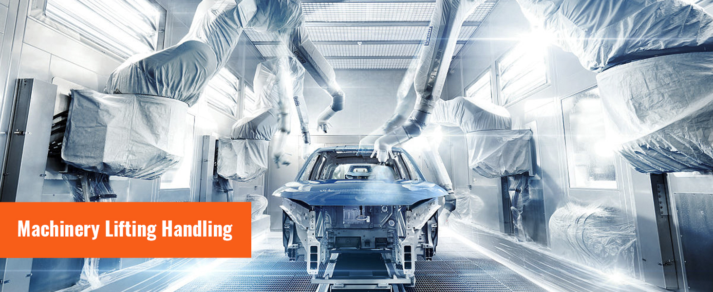 Geautomatiseerde assemblagelijn voor autoproductie met hef- en handlingapparatuur in een hightechfaciliteit.