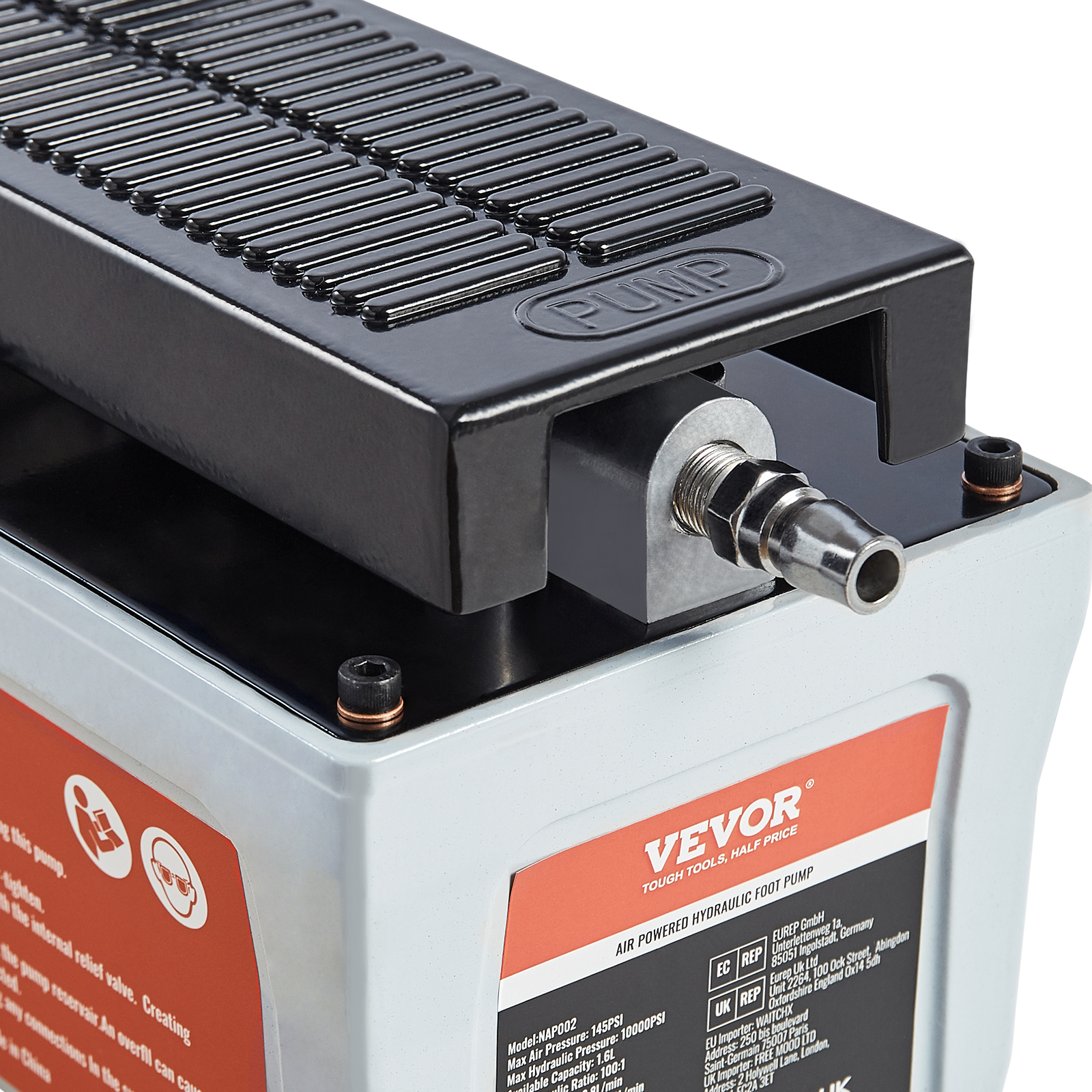 VEVOR luchthydraulische pomp met zwart voetpedaal en metalen koppelingen op de hydraulische eenheid.