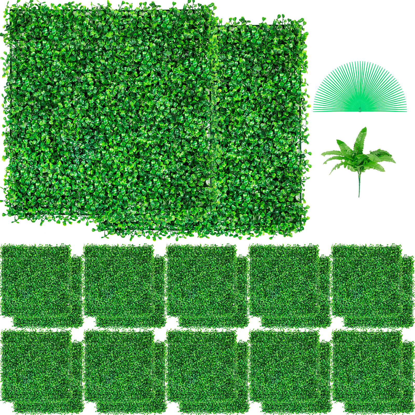 VEVOR artificial boxwood panel set with greenery and fern accessory.