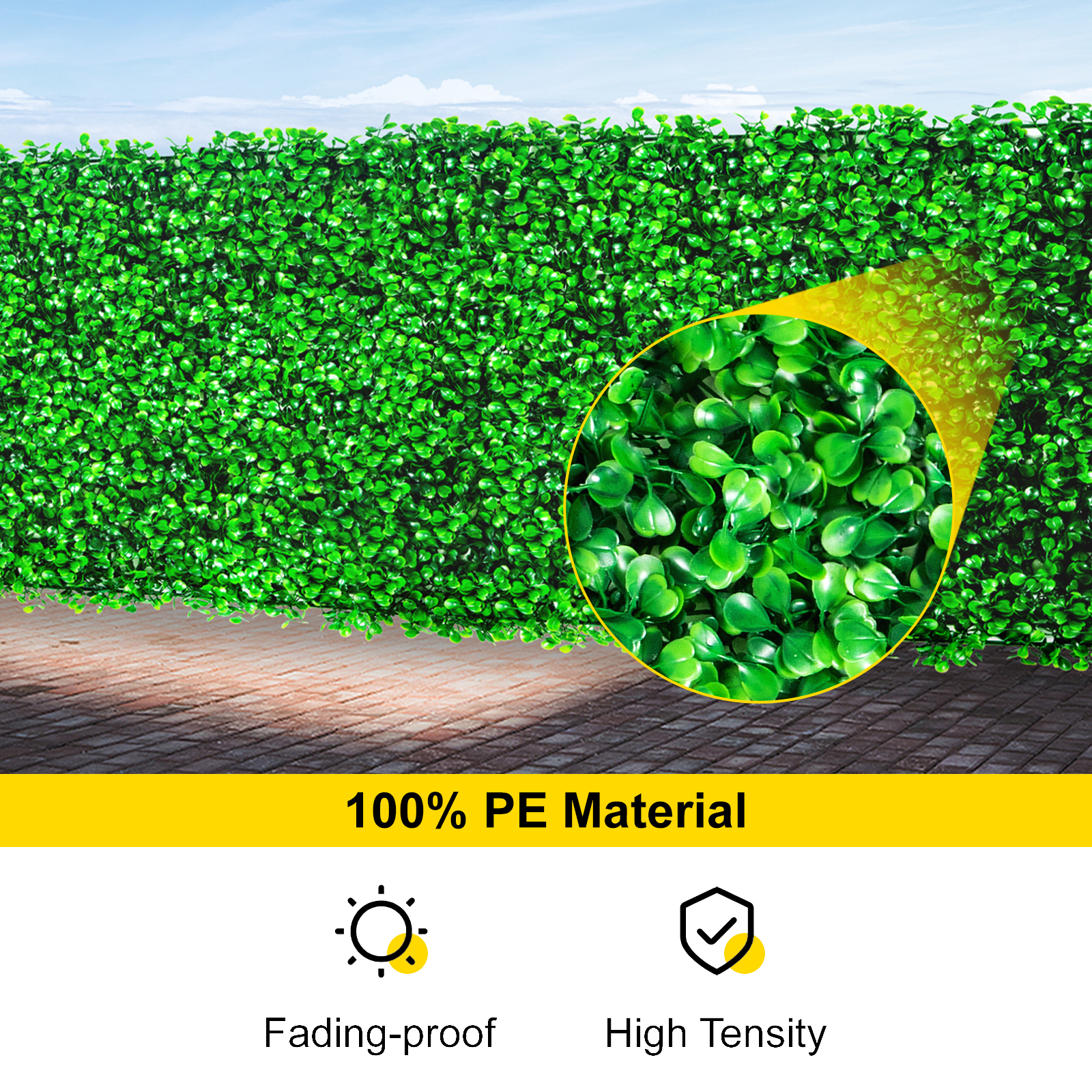VEVOR artificial boxwood panel made of 100% pe material, showcasing a lush, green hedge.