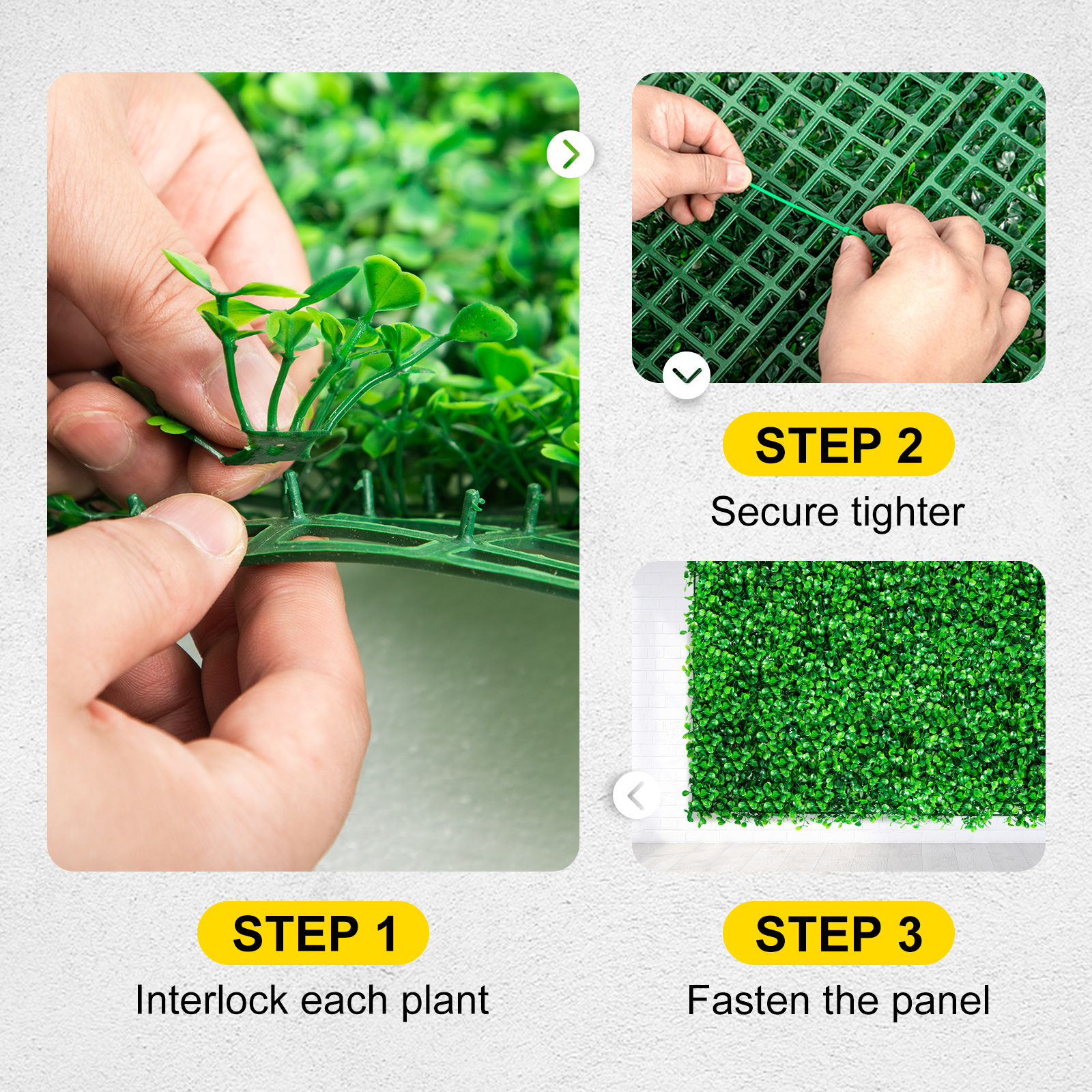 VEVOR artificial boxwood panel assembly steps: interlock plants, secure tightly, fasten panel.