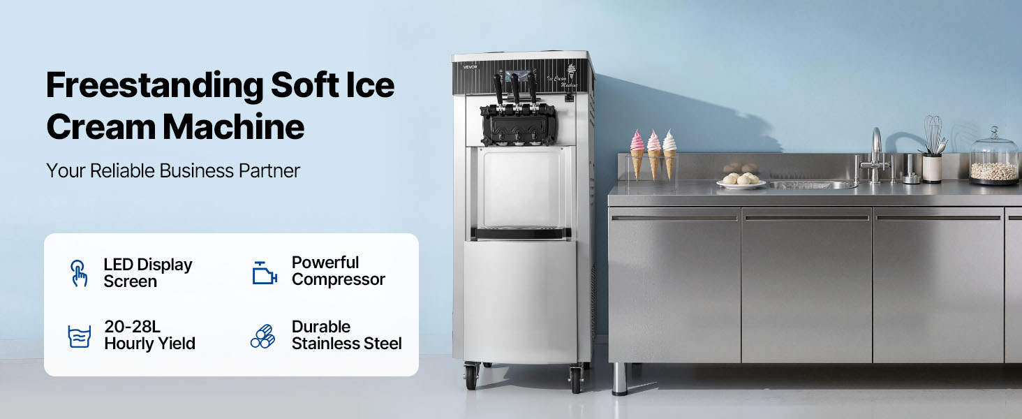 VEVOR Commercial Ice Cream Machine, 20-28L/H Yield, 2200W 3-Flavor