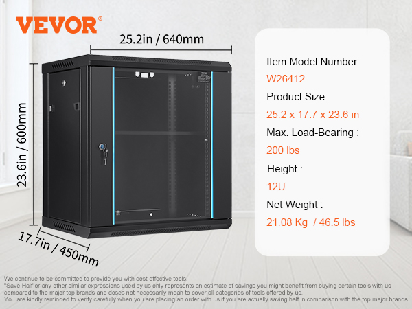 Dimensiones y especificaciones del gabinete de servidor de red VEVOR w26412, con un peso de 46,5 libras y una capacidad de 200 libras.