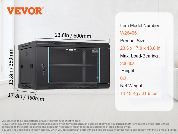 Gabinete de servidor de montaje en pared VEVOR w26406, 23,6 x 17,8 x 13,8 pulgadas, carga de 200 libras, 6u, 15,5 pulgadas de altura.