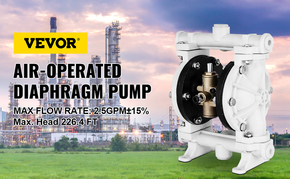 VEVOR air-operated double diaphragm pump with industrial background and specs.
