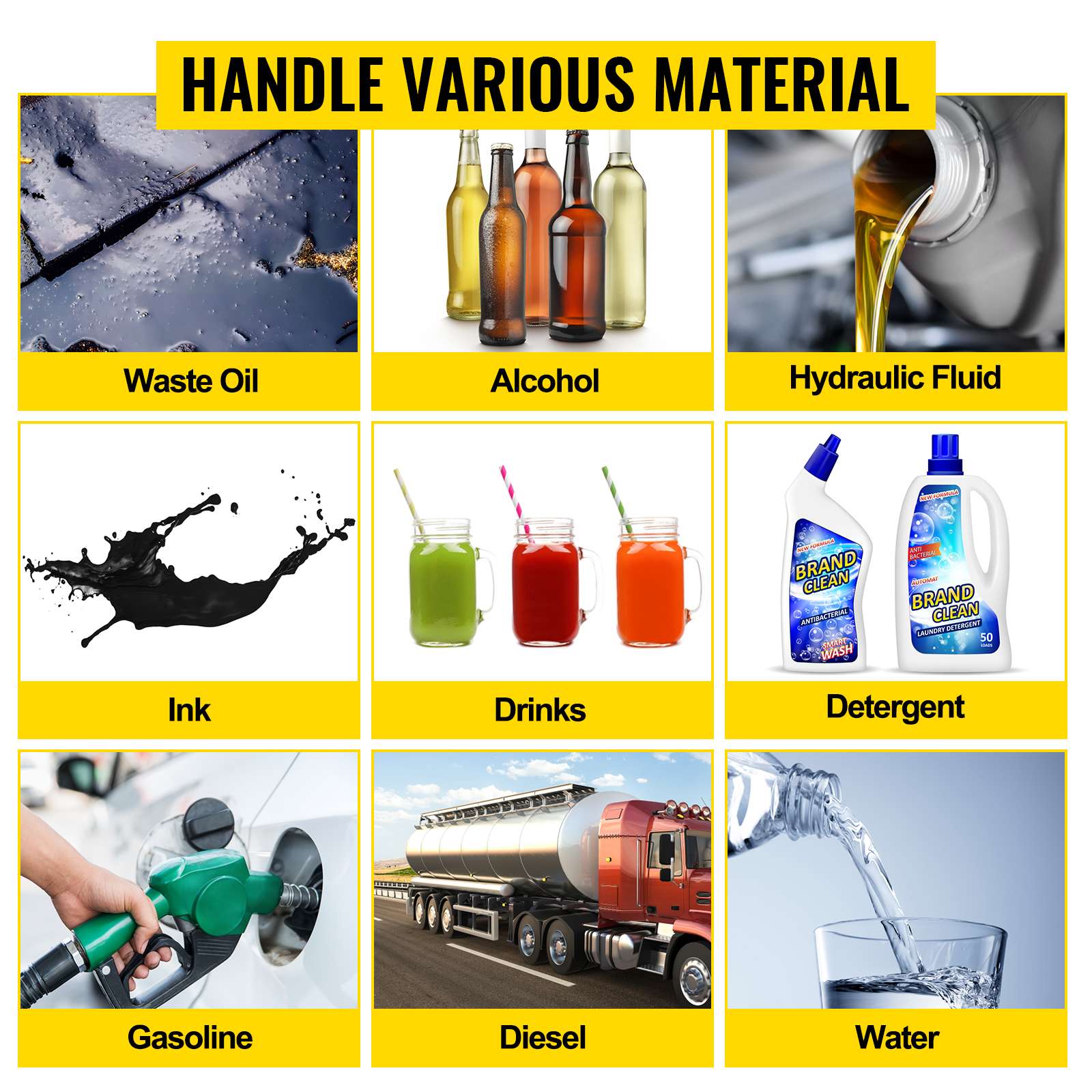 VEVOR air-operated double diaphragm pump handling various materials like waste oil and water.