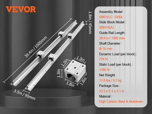 Specifiche del set di guide lineari VEVOR: sbr16-c 1000l, guida da 1000 mm, albero da 16 mm, blocco scorrevole sbr16uu.