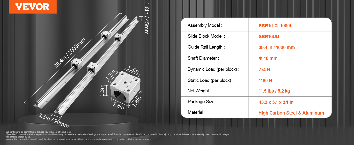 Specifiche del set di guide lineari VEVOR: sbr16-c 1000l, guida da 1000 mm, albero da 16 mm, blocco scorrevole sbr16uu.